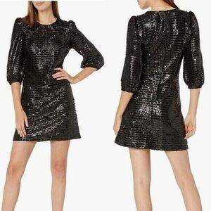 Karl Lagerfeld LD1IO134 Women's Sz 0 Black Sequin Puff Sleeve Shift Dress